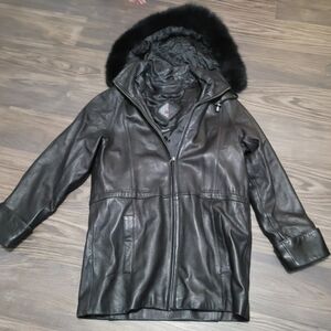 Vintage Tibor Thinsulate Black Leather Trench Coat with Fur Hood S Soft Full Zip